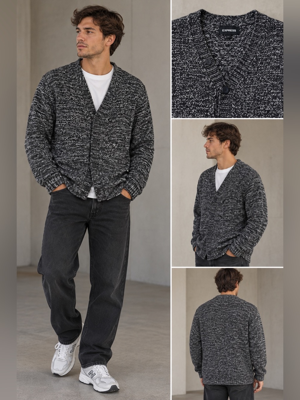 Express Marled Chunky Knit Button Cardigan Black White Sz S